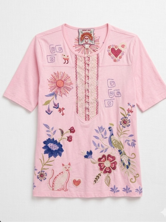 Johnny Was Tops - Johnny Was Pink Embroidered Tee with Floral & Bird Motif